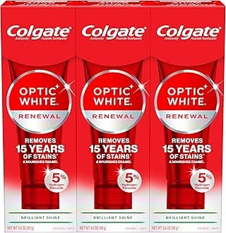 Colgate Optic White Renewal Teeth Whitening Toothpaste, Whitening Fluoride Toothpaste, Effectively Removes Tea, Coffee, and Wine Stains, Made with Hydrogen Peroxide, Brilliant Shine, 3 Pack, 3.0 oz