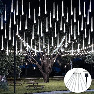 JMEXSUSS Solar Meteor Shower Rain Lights, 30cm 8 Tube 144 LEDs White Meteor Lights, Led Falling Rain Fairy String Lights for Xmas Tree Wedding Holiday Party Patio Decoration