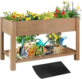 Raised Garden Bed with Legs - Elevated Wooden Planter Box, Durable Fir Wood, Reinforced Frame with Drainage Holes, Liner, and Storage Shelf for Vegetables, Herbs, Flowers, 47" x 23" x 30"