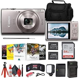 Canon PowerShot IXUS 285 HS 12X Optical Zoom Digital Camera (Silver) (1079C001) + NB11L Battery + 64GB Memory Card + Corel Photo Software + Case + Charger + LED Light + Card Reader + More