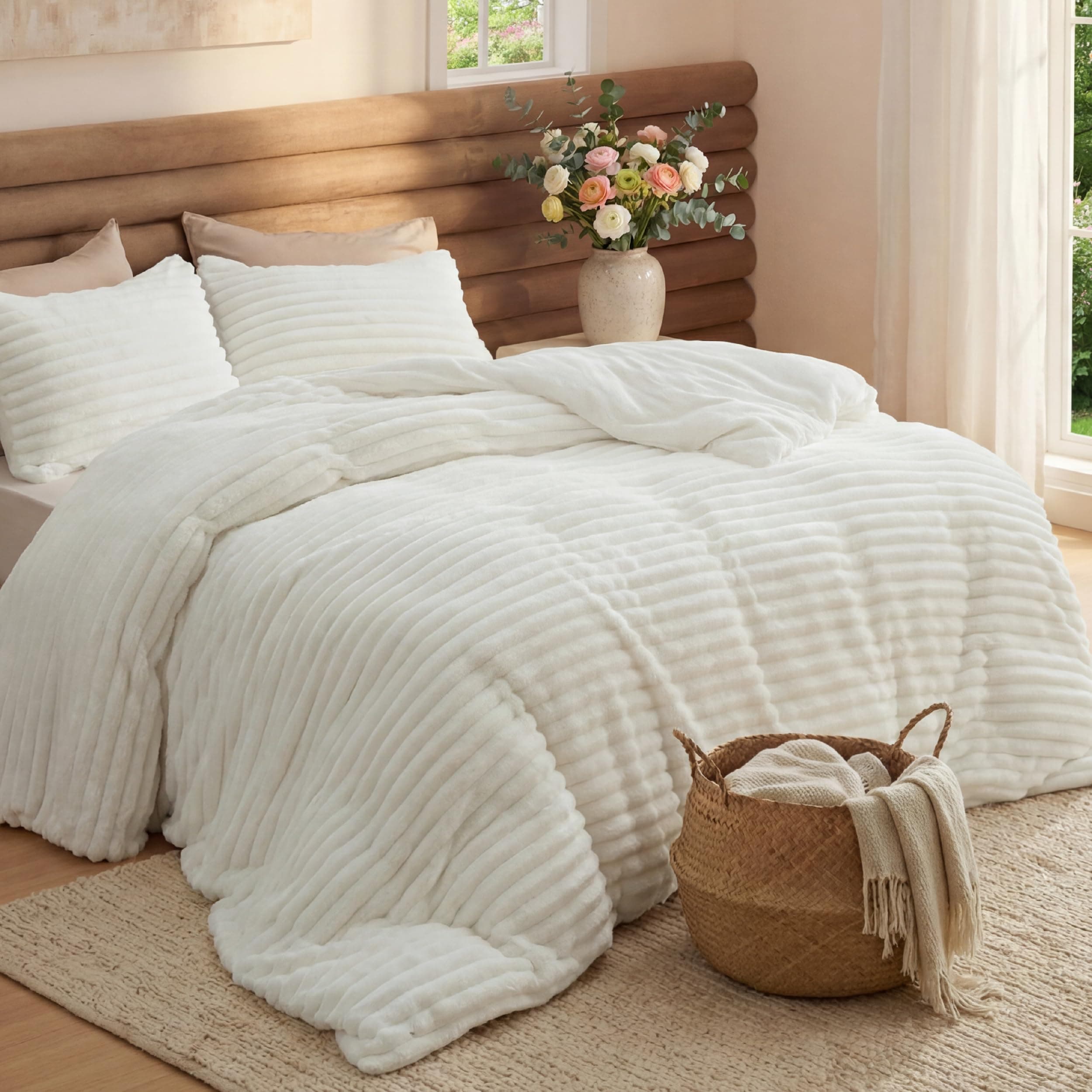 Full Size Comforter Sets - GentleSoft™ 3 Pieces Double-Side Fleece Fluffy White Comforter Set, Cozy Striped Room Decor Aesthetic, Luxury Full Size Bedding, 2 Pillowcases, 82x86 Inches