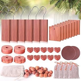Woodever Cedar Blocks for Clothes Storage 56 Pcs, 100% Aromatic Planks with Metal Hooks, Cedar Wood Chips and Balls for Closets and Drawers, Fresh Scented Sachets
