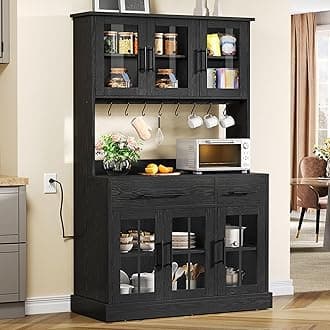 71'' Kitchen Pantry Storage Cabinet with Microwave Stand, Tall Freestanding Hutch Cabinet with Power Outlet, Pantry Cabinets with Buffet Cupboard, Drawers and Acrylic Doors for Home, Black