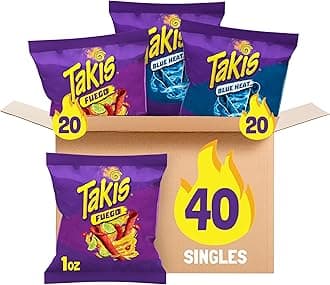 Takis 40 Pieces/28.3 g Assorted Pack, assorted mixed rolled tortilla chips - (20) Fuego 28.3 g, (20) Blue Heat 28.3 g