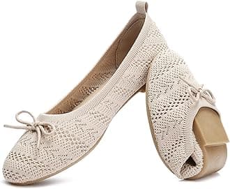 HEAWISHWomen’s Flats Shoes Comfortable Black Beige Flats Crochet Lace Mesh Round Toe Slip On Casual Ballet Flats Dress Shoes Beige US8.5, 40 EU