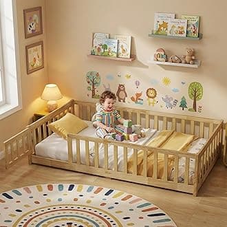 Twin Floor Bed with Safety Guardrails for Kids, Rubber Wood Montessori Bed with Slats and Convertible Door, Twin Size Bed Frame for Girls and Boys,No Box Spring Needed,Natural