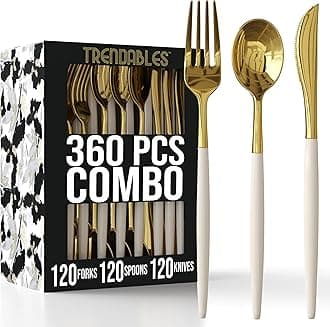 Trendables 360 Pack Disposable Silverware Set - Plastic Cutlery Dinnerware - Includes 120 Plastic Forks - Plastic Spoons - Plastic Knives - Ivory & Gold Plastic Silverware Plastic Utensils Party Set