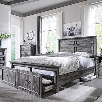 Farmhouse Queen Size Bed Frame with 51" Tall Headboard, Wood Platform Bed Frame with 20" Tall Roman Column Decoration Footboard & 2 Large Storage Drawers, No Box Spring Needed (Light Grey)