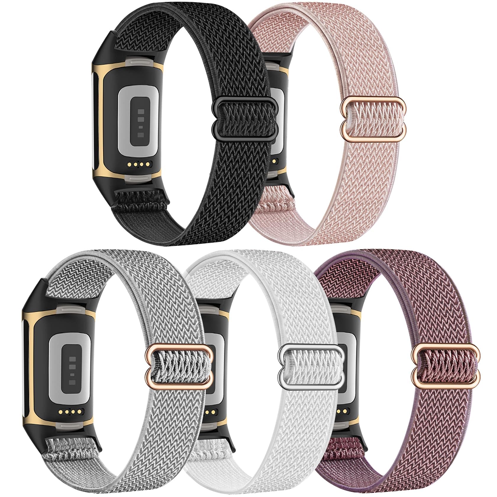 Folavii 5 Pack Stretchy Nylon Compatible with Fitbit Charge 6 Bands/Fitbit Charge 5 Bands for Women Men, Elastic Adjustable Straps Sport Replacement Wristbands for Fitbit Charge 5/6 Watch