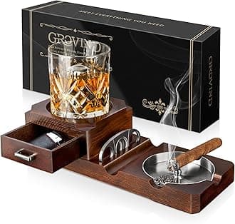 Cigar Ashtrays, Whiskey Glass Tray and Wooden Ash Tray Detachable Outdoor Ashtray for Cigarettes, Gift Set with Cigar Cutter, Great Decor for Home Office Gifts for Men