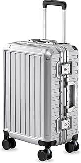 Carry On Luggage with Spinner Wheels, 8010S Aluminum Frame Zipperless Polycarbonate Hard Shell Suitcase (ZX-Core, Silver, 20 Inch)