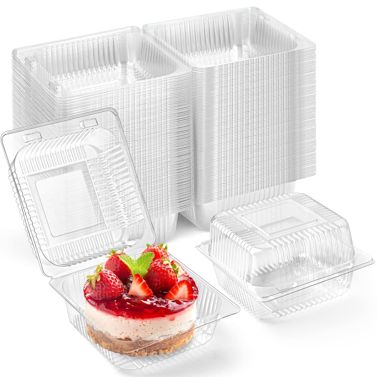 50 Pack Clear Plastic Take Out Food Containers, Square Cake Slice Containers with Hinged Lids, Disposable To Go Boxes for Cookies, Desserts, Fruits, Salads, Sandwiches