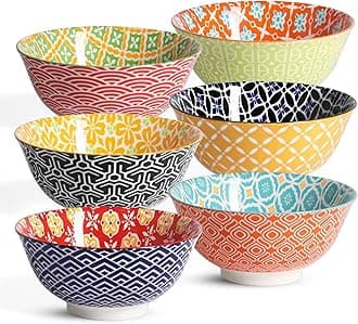 Ceramic Cereal Bowls, 23 Oz Colorful Bowls for Kitchen, Deep Soup Bowls Set for Dessert, Salad, Pasta, Ice Cream, Oatmeal, Set of 6