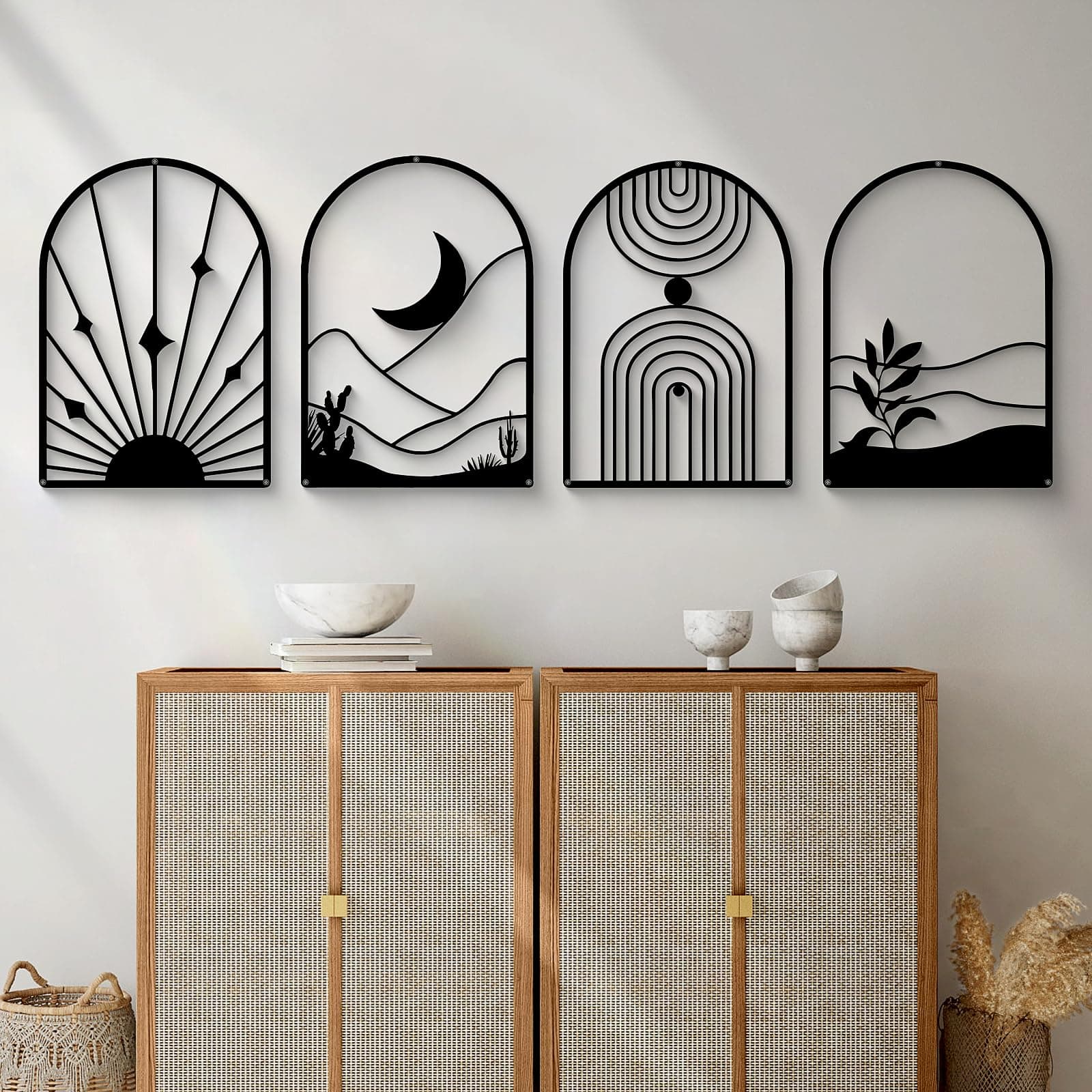 Large 4 Pack Boho Black Abstract Metal Wall Art