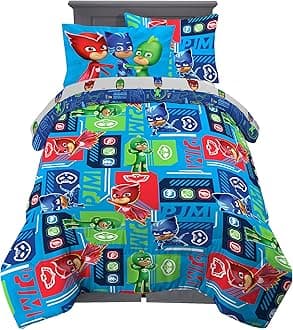 Kids Bedding Super Soft Comforter and Sheet Set with Sham, 5 Piece Twin Size, PJ Masks
