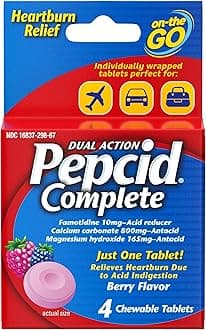Pepcid Complete Acid Reducer + Antacid Chewables, 10mg Famotidine, 800mg Calcium Carbonate & 165mg Magnesium Hydroxide per Heartburn Medicine Tablet, Antacid Chews, Berry Flavored, 4 ct.