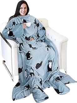 Catalonia Wearable Fleece Blanket with Sleeves and Foot Pockets for Adult Women Men, Micro Plush Comfy Wrap Sleeved Throw Blanket Robe Large, Wondercat Grey