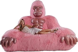 Gorilla Inflatable Luxury Sofa 6.56ft Height King Kong Inflatable Furry Plush Orangutan for Lounging, Gaming, or Movie Nights (Pink)
