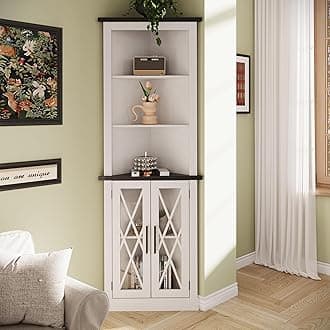 Maupvit 66.8" Tall Corner Cabinet, Modern Storage Cabinet with 2 Glass Doors & Adjustable Shelves, 5-Tier Corner Display Cabinets for Living Room, Bathroom, Retro White