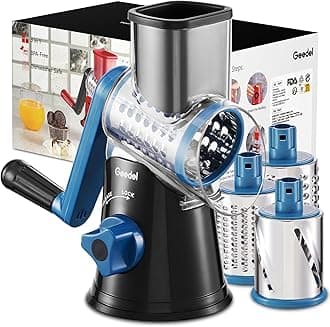 Geedel Rotary Cheese Grater, Kitchen Mandoline Vegetable Slicer with 3 Interchangeable Blades, Easy to Clean Rotary Grater Slicer for Fruit, Vegetables, Nuts