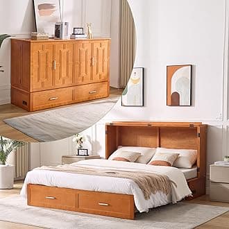 Murphy Bed Queen,Pine Wood Murphy Bed Cabinet with Tri-Folding Mattress,Storage Drawer with 14pcs Auxiliary Wheel & USB Charging Station for Living Room Apartment (Brown 1#)