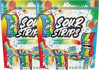 Sour Strips Sour Candy Belts, Rainbow Resealable Candy Bags, 10.2 Ounce (Pack of 2)