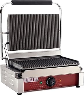 Kratos Commercial Electric Panini Sandwich Grill with Grooved Plates, 14" x 9" Cooking Surface, Commercial Countertop Panini Press, 120V, 1750W (29Y-020)