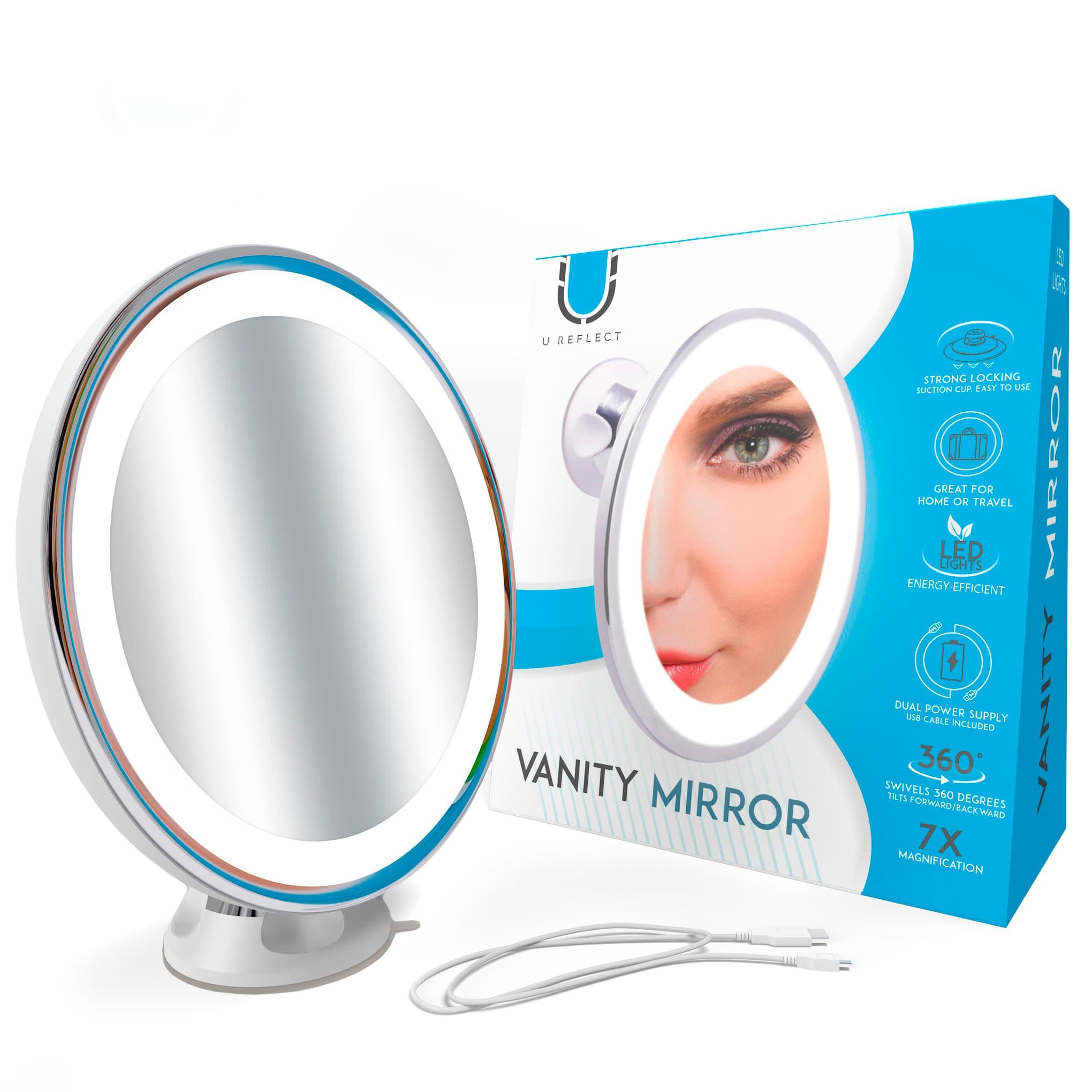 U Reflect 7X Magnifying Lighted Makeup Mirror, Bathroom Vanity Mirror with LED Lights, Dual Power Supply with USB Cable Included, Great for Travel, Powerful Locking Suction Cup, Over 7 Inches Wide