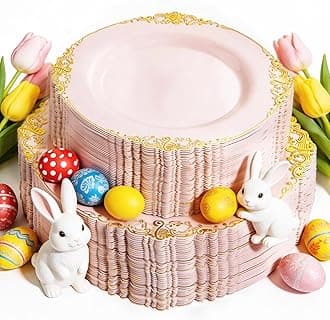 102PCS Pink Plastic Plates - Pink and Gold Plate - Heavyweight Disposable Plate with Gold Rim - Fancy Dinner & Dessert Plates for 51 Guests Weddings & Parties