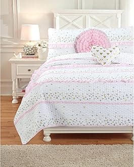 Pink Ruffle Gold Hearts Girl 100% Cotton Reversible All-Season Coverlet, Bedspread, Quilt Bedding Set (Sparkling Hearts, Queen - 5 Piece: 1 Quilt + 2 Shams + 2 Decor Pillows)
