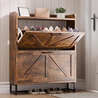 Betterhood Entryway Shoe Cabinet with 2 Flip Drawers, Farmhouse Slim Shoe Rack, Freestanding Hidden Shoe Organizer with Metal Legs, Shoe Cabniet for Entryway with Storage, Hallway, Foyer, Brown
