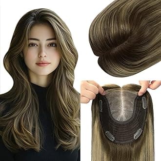 Hair Toppers for Women Real Human Hair, 6x7 inch Larger Silk Base 150 Density 75 grams 16inch Balayage Chocolate Brown To Caramel Blonde Wiglet Top Pieces Add Volume（#4274 16inch）