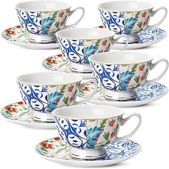 BTaT- Tea Cups and Saucers, Floral Design, Porcelain Tea Cup Sets, Dishwasher Safe, Indigo Bloom, Set of 6, 8 oz