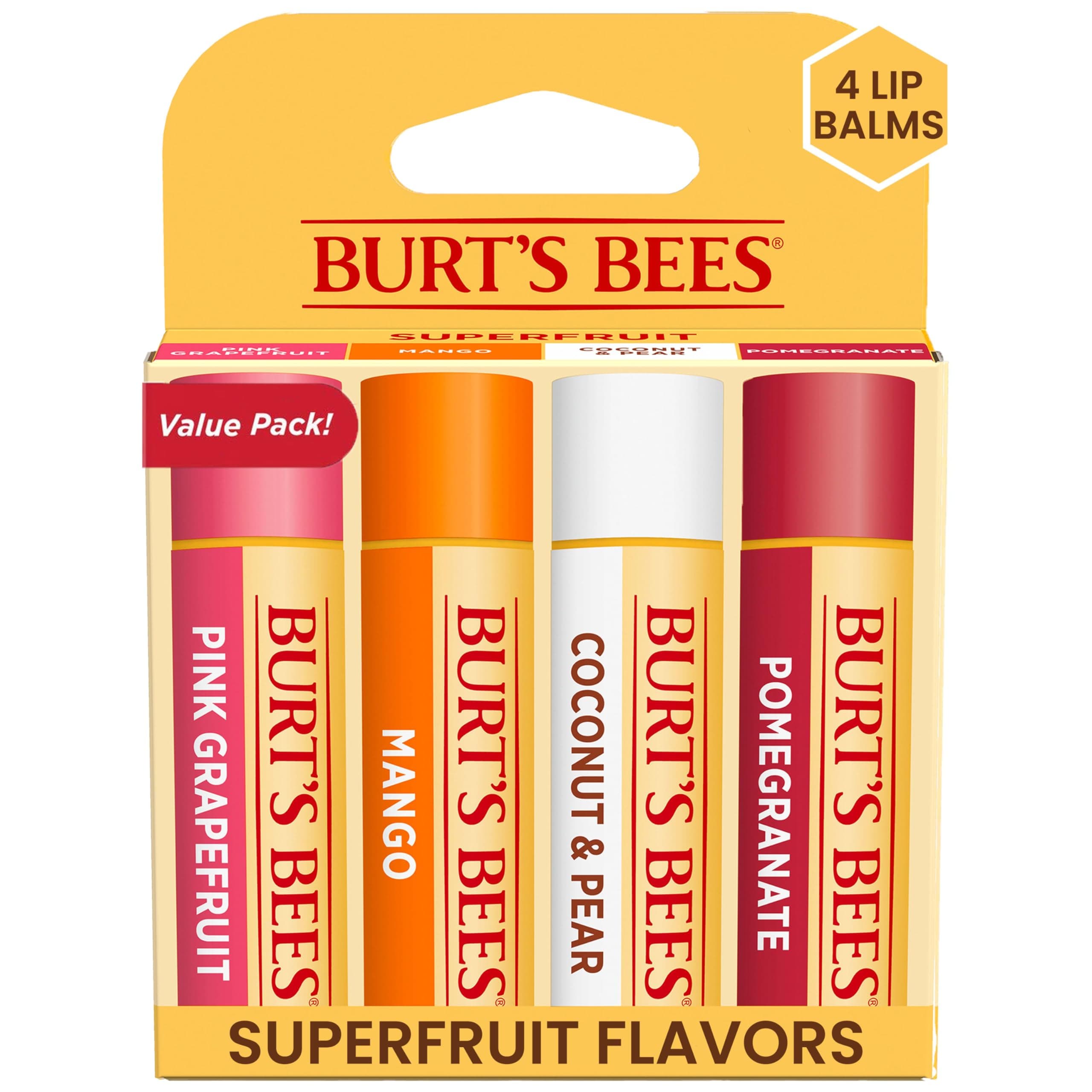 Easter Basket Stuffers, Lip Balm, Pink Grapefruit, Mango, Coconut & Pear, and Pomegranate Pack, Lip Moisturizer With Beeswax, Natural Origin Conditioning Treatment, 4 Tubes, 0.15 oz.