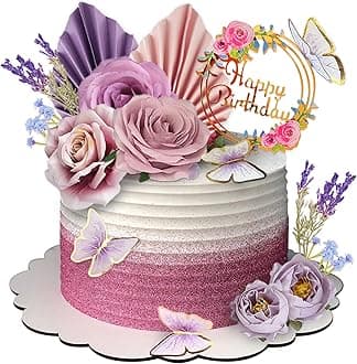 17 PCS Flower Cake Toppers Butterfly Cake Decorations Happy Birthday Cake Toppers with Artificial Purple and Pink Rose Eucalyptus for Birthday Wedding (Purple)