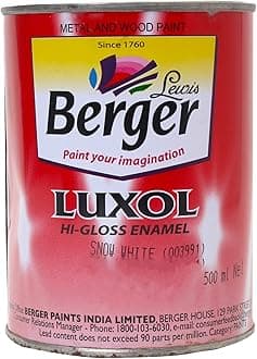 BERGER Luxol Hi-Gloss Enamel Paint | Oil-Based | Mirror Like Durable Weather Resistant High Gloss Finish | for Interior & Exterior Wall Wood Metal Surfaces | Green Pro Certified(500mL,Snow White)