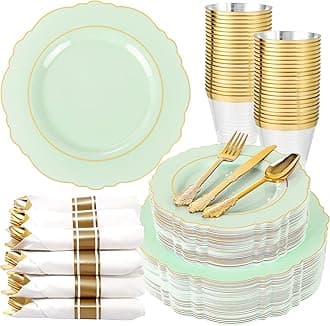 350PCS Light Green Plates - Disposable Green and Gold Plastic Plates 50guest Baroque Dinnerware include 100Plates,50Pack Pre Rolled Napkins with Silverware 50Cups for Wedding ＆ Easter Day