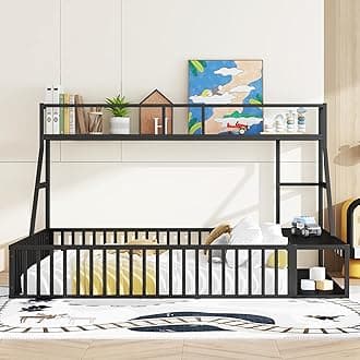 Full Toddler Floor Bed, Metal Montessori Floor Bed with Fence Kids Bedframe with Desk and Storage for Kids Boys Girls, No Box Spring Needed, Easy Assemble (Black, Full)