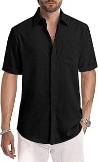 JMIERR Men's Linen Hawaiian Shirts Casual Button Down Short Sleeves Cotton Summer Beach Shirts Tropical Resort Soft Clothing, XL, Black