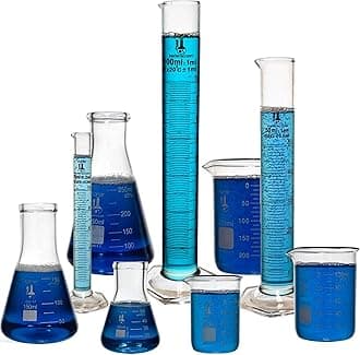 Beaker, Flask, Cylinder Set, 3.3 Boro. Glass - 9 Pieces - Beaker Set, Flask Set, and Graduated Cylinder Set, Karter Scientific 233N2