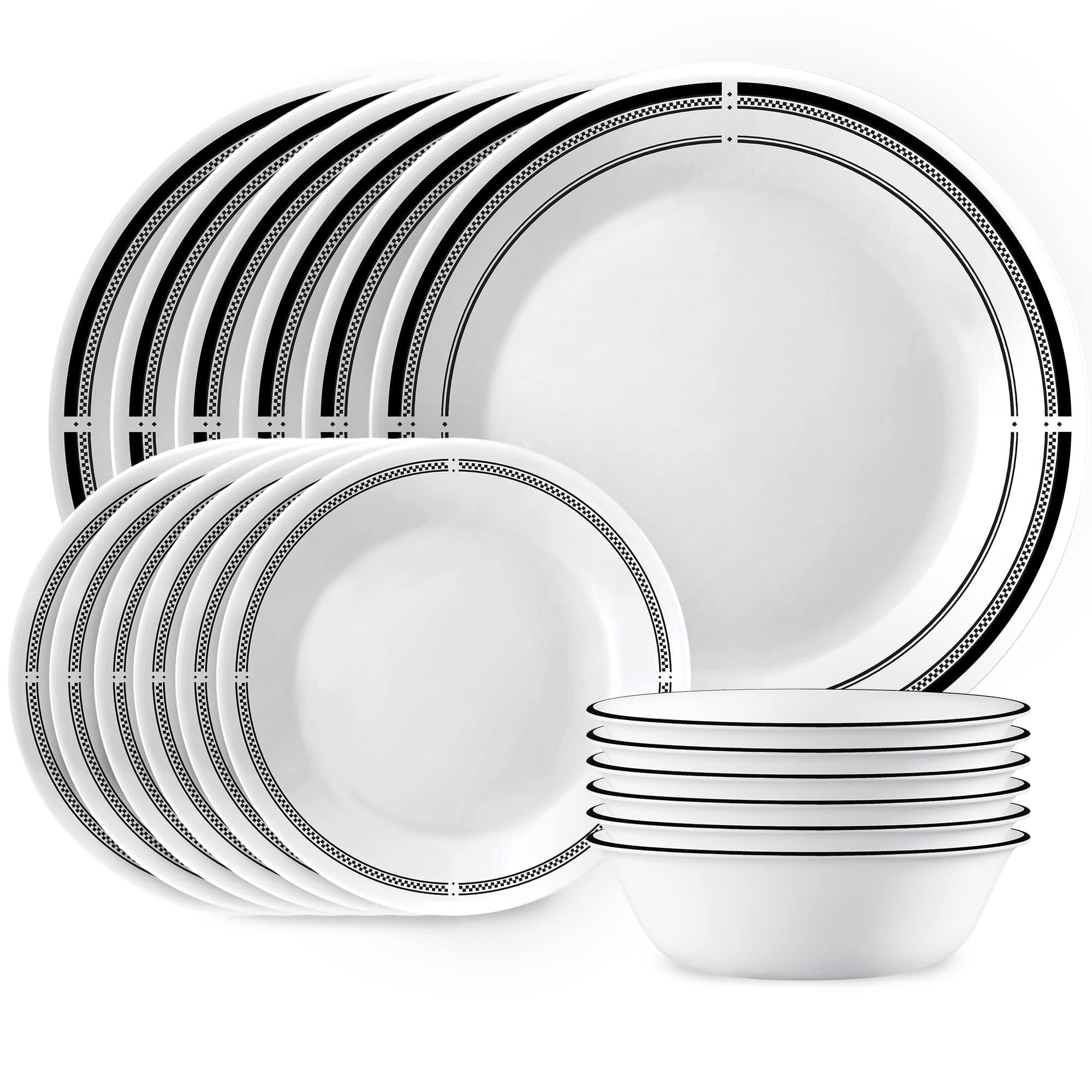 18-Piece Round Dinnerware Set, Service for 6, Lightweight Round Plates and Bowls Set, Vitrelle Triple Layer Glass, Chip and Scratch Resistant, Microwave and Dishwasher Safe, Brasserie