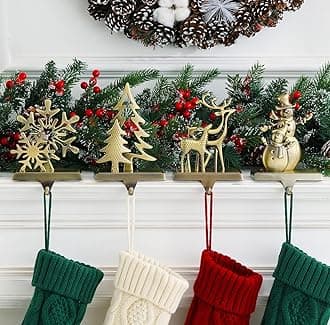 Christmas Stocking Holder - Set of 4 Stocking Hangers Snowman Santa Snowflakes Christmas Tree Deer Stocking Hooks for Fireplace, Shelf, Staircases