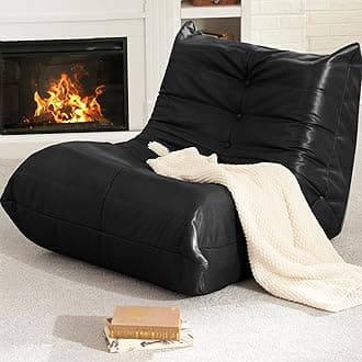 Hobestluk Giant Bean Bag Chair Lazy Floor Sofa, Memory Foam Fireside Sofa for Adults, Big Beanbag Faux Leather Armless Chair for Living Room Bedroom Dorm Office (Black, Single)