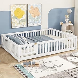 Full Size Montessori Floor Bed with Slats and Center Support Bar, Full Size Floor Bed with Door and Fence, Easy Assemble Montessori Beds for Kids, Girls, Boys, White
