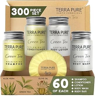 - Terra Pure Hotel Soaps & Toiletries Bulk Set | 1-Shoppe Amenities Kit | 1oz Shampoo & Conditioner, Body Wash, Lotion, 1.25oz Bar Soap | Travel Size | 300 Pieces