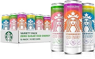 Iced Energy Drink, 3 Flavor Variety Pack (Tropical Peach, Watermelon Splash, Blueberry Lemonade), Zero Sugar Energy Drink, Plant Based Caffeine, Hydration, Mental Clarity, 12x12 Fl Oz Cans