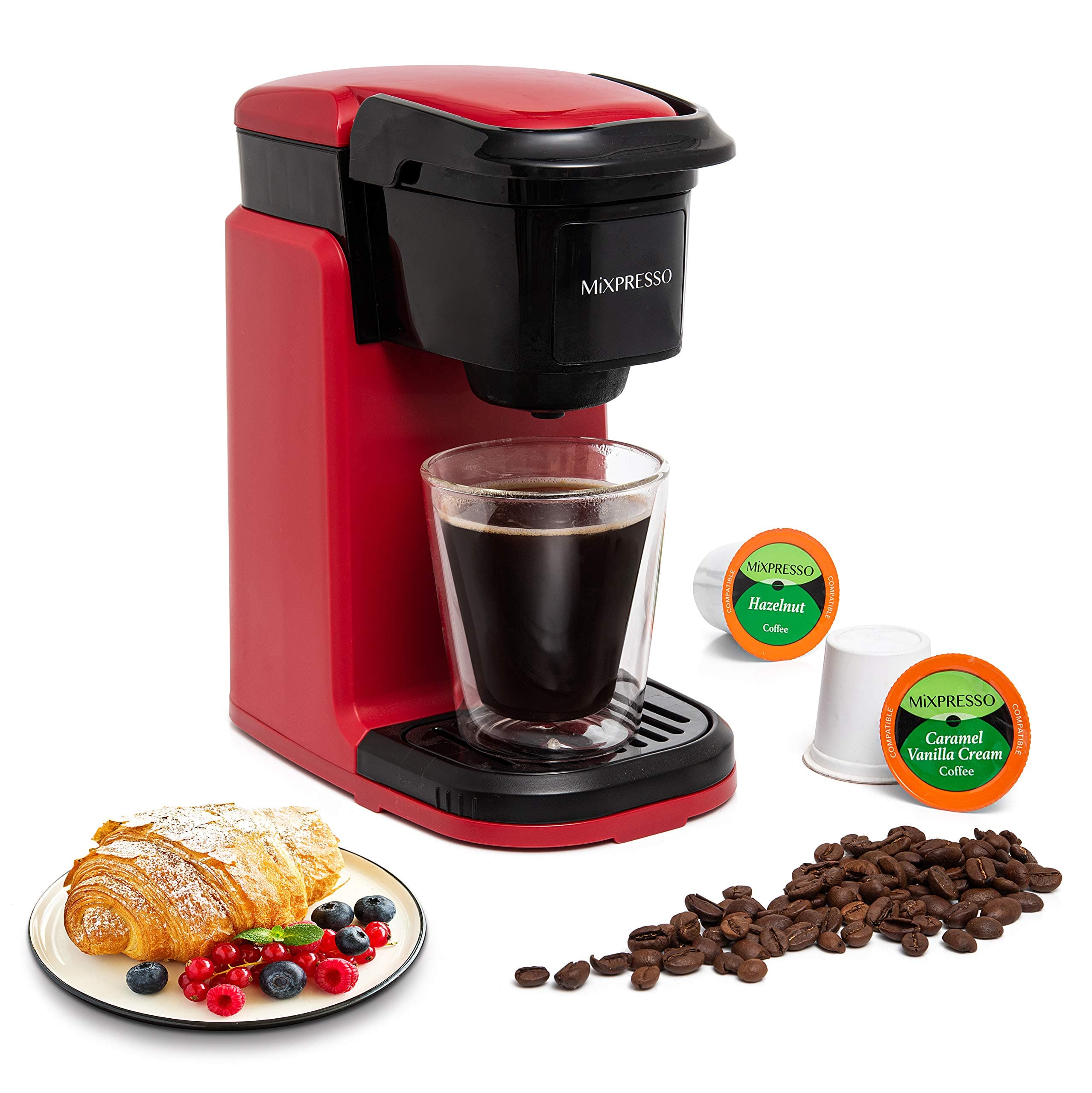 Mixpresso Red Single Serve Coffee Maker for K Capsule, Compact Mini Coffee Maker 800 Watt Coffee Machine for Pods or Ground, Fast Brew, Auto Shut Off, 12 Oz Brew Size for Travel, Office, RV and Dorm