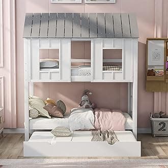 Harper & Bright Designs Twin Over Twin House Bunk Bed with Trundle, No Box Spring Needed (Twin Over Twin, White+Grey)