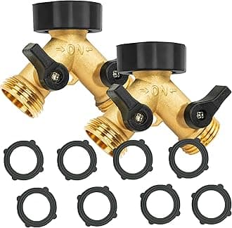 2 Pack Brass Garden Hose Splitter 2 Way, Hose Y Splitter 3/4 Inch Heavy Duty Brass Hose Connector Tap Splitter, Hose Spigot Adapter 2 Valves with Rubber Washers