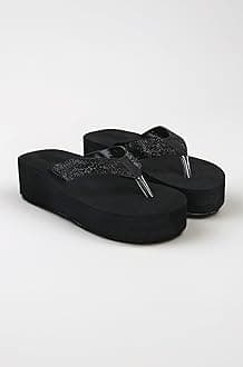 Women's Platform Flip Flops with Glitter Straps, Black, Wedge Thong Sandals Slipper